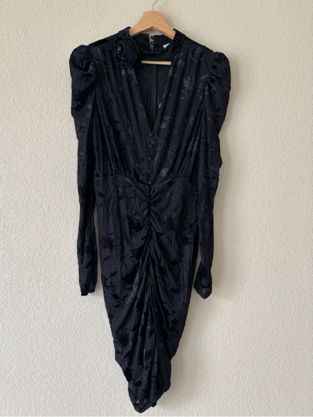Luxxel Black Floral Jacquard Long Sleeve Ruched Dress- NWT